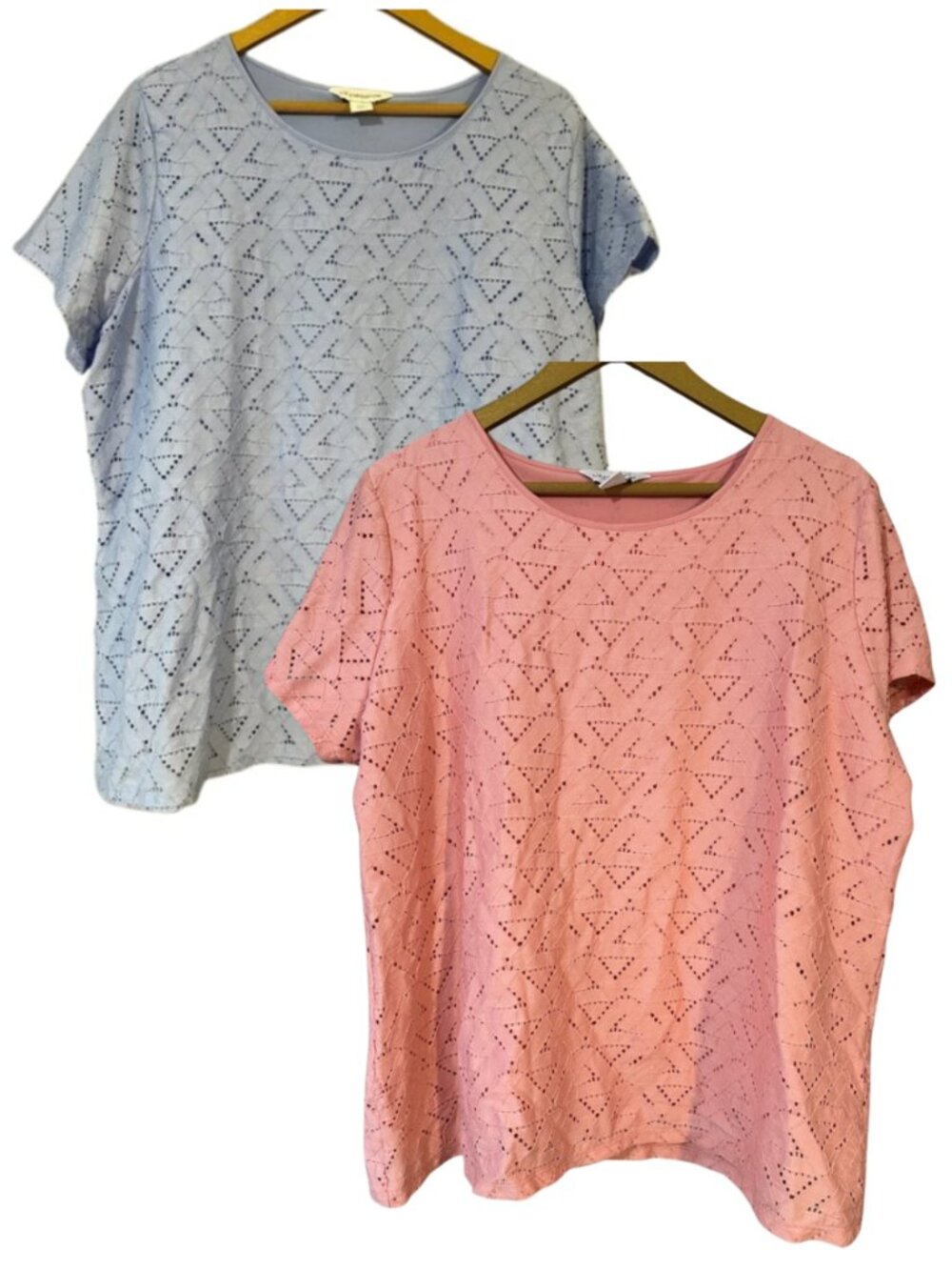 Bundle 2 Liz Claiborne Eyelet Blouse Tops Pink Blue Short Sleeve Textured